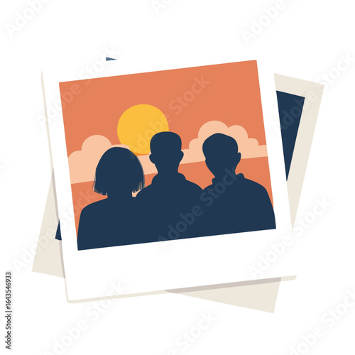 A stylized illustration of a family photo featuring three silhouetted figures against a warm sunset sky with clouds and a bright sun
