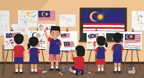Young children create artwork of the Malaysian flag during a classroom activity.