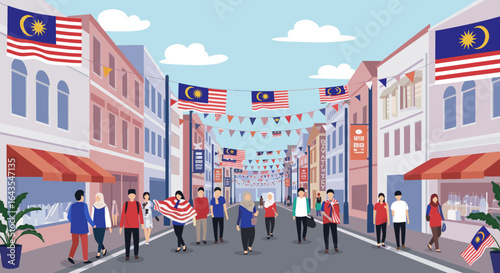 A lively street with people walking under rows of Malaysian flags.
