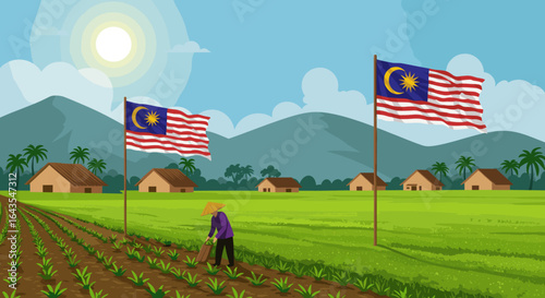 A smiling farmer harvests golden rice in a lush paddy field with a Malaysian flag flying above a wooden barn.