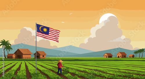 A smiling farmer harvests golden rice in a lush paddy field with a Malaysian flag flying above a wooden barn.