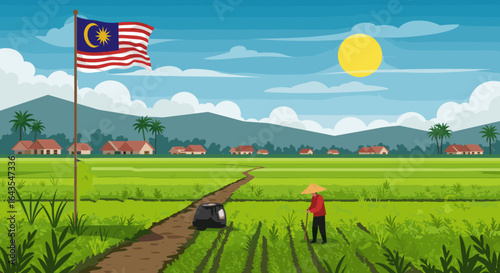A smiling farmer harvests golden rice in a lush paddy field with a Malaysian flag flying above a wooden barn.