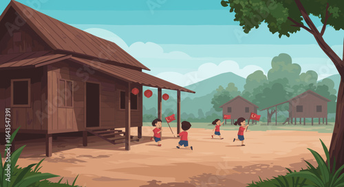 Children run and play in a rural Malaysian village with traditional wooden houses.