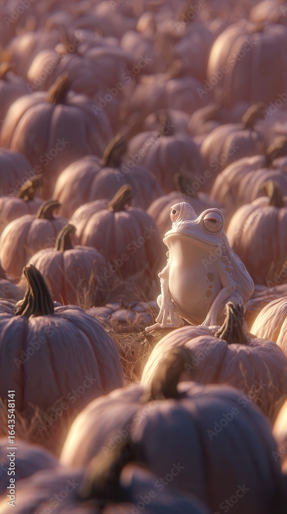 Obraz premium White Frog Among Pastel Pumpkins in an Autumn Field