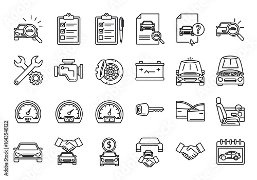 Comprehensive line icon set for automotive services, car repair, and vehicle sales
