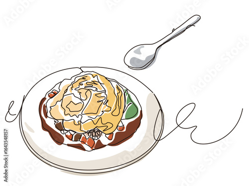 sketch lifestyle A068 ready to taste omelette rice by spoon show this Delicious Japanese food  vector illustration graphic EPS 10
