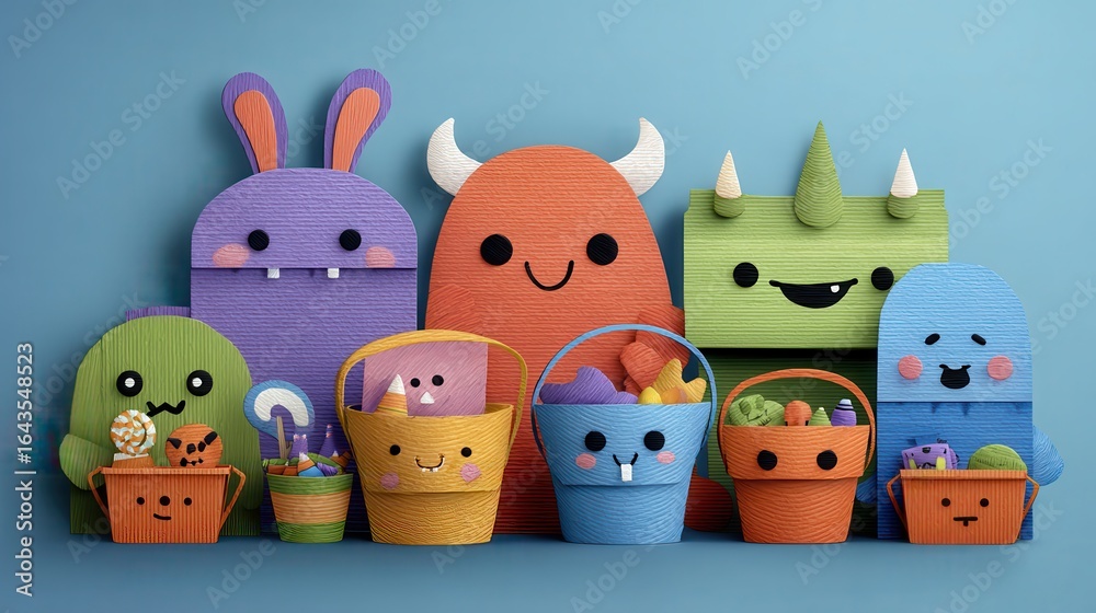 Obraz premium Playful Pixel Art Monsters and Bunny with Easter and Halloween Treats