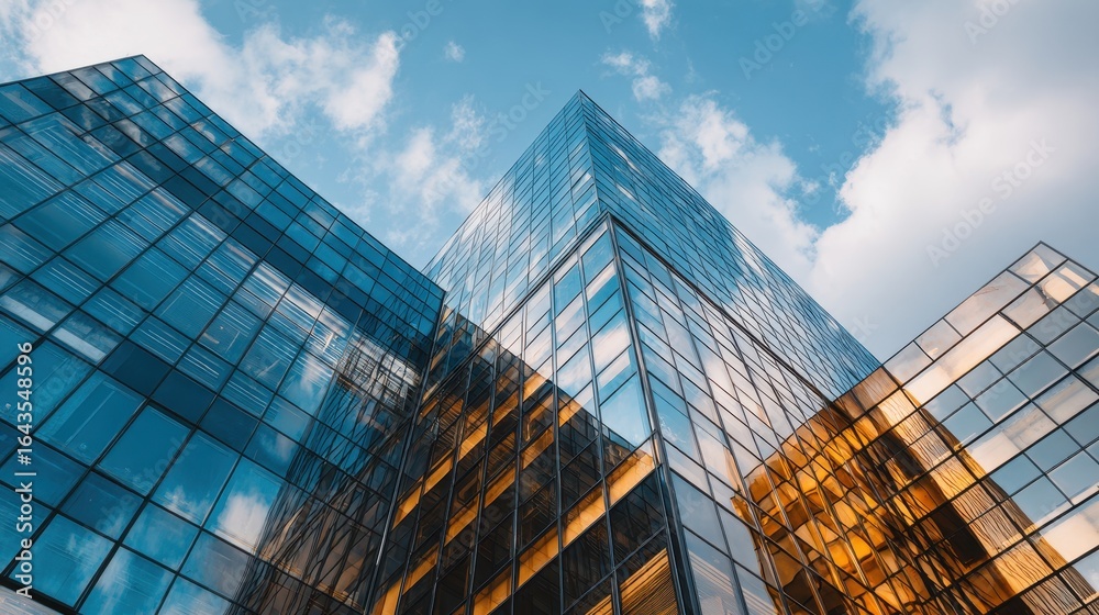 Fototapeta premium A 4K photo of economics, banking, business and finance concept.A fragment of a modern office building in the capital .glass buildings with cloudy blue sky background .modern.