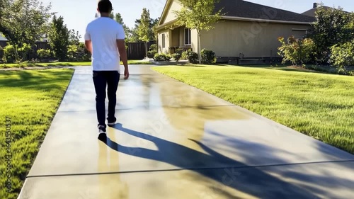 Person walking on a wet concrete driveway. Shadows stretch across the surface