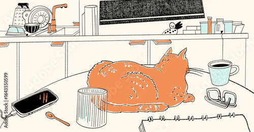 A sketch in a sketchbook with a red cat. Vector illustration.