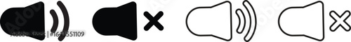 A set of speaker volume icons in solid and outline styles, showing sound on and sound off variations