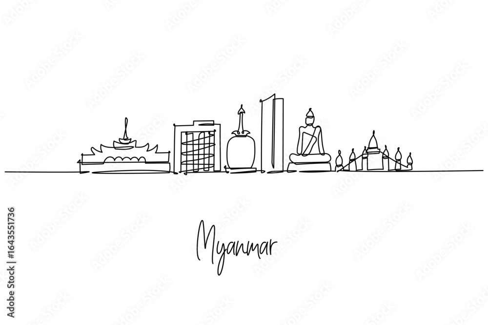 Obraz premium Minimalist single line drawing of Myanmar city skyline featuring Yangon icons like Shwedagon Pagoda, modern towers and ancient temples, a city skyline concept themed around Myanmar culture and travel.