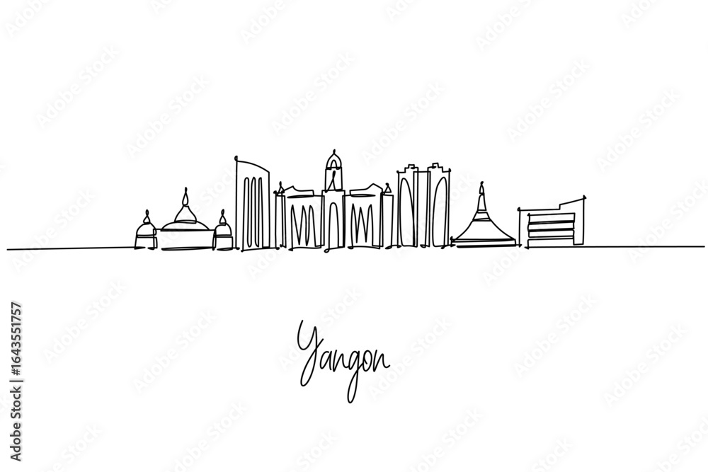 Fototapeta premium Elegant one line drawing of Yangon, Myanmar city skyline, featuring Shwedagon and Sule pagodas, colonial facades, and modern towers; a city skyline concept themed around Yangon culture and travel.