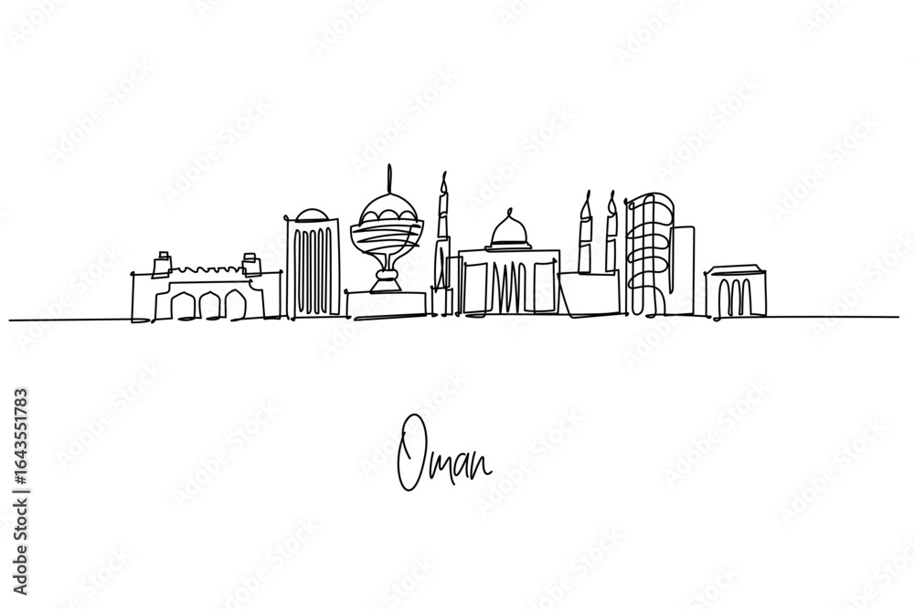 Obraz premium Continuous line drawing of Muscat, Oman city skyline featuring Mutrah Gate, Grand Mosque, Royal Opera House and Riyam incense burner; travel theme celebrating Gulf architecture and coastal culture.