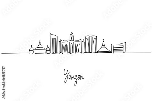 Elegant one line drawing of Yangon, Myanmar city skyline, featuring Shwedagon and Sule pagodas, colonial facades, and modern towers; a city skyline concept themed around Yangon culture and travel.