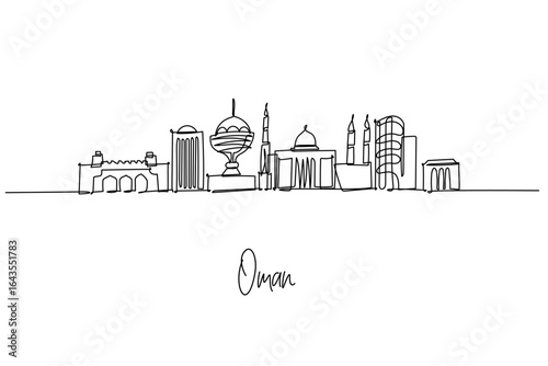 Continuous line drawing of Muscat, Oman city skyline featuring Mutrah Gate, Grand Mosque, Royal Opera House and Riyam incense burner; travel theme celebrating Gulf architecture and coastal culture.