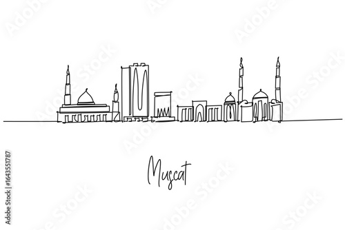 Stylish one line drawing of Muscat city skyline in Oman, showcasing Sultan Qaboos Grand Mosque, Mutrah Gate and Royal Opera House, blending coastal heritage and modern towers for travel themed decor.