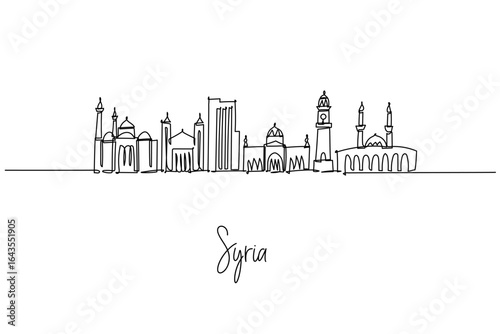 Elegant continuous line drawing of Syria city skyline, blending Damascus Umayyad Mosque, Aleppo citadel and coastal towers; a city skyline concept themed around Syrian heritage, history and travel.