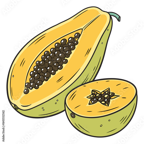 Two sliced papayas in an illustrative style, featuring seeds and skin