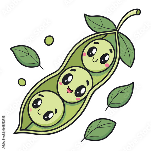 Cartoon pea pod with three cute peas inside and leaves all around