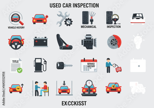 Comprehensive icon set for used car inspection and pre-purchase checklist