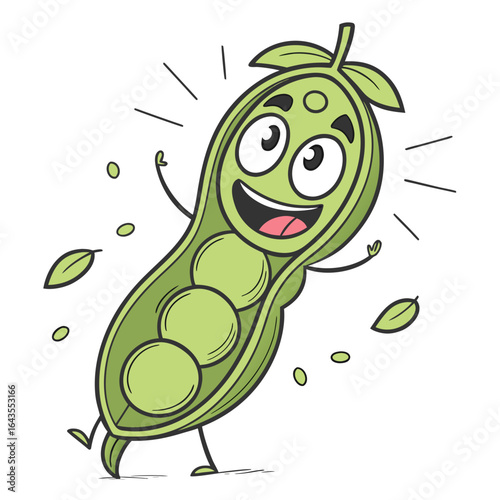 Cartoon green pea pod character is happy and dancing around a lot