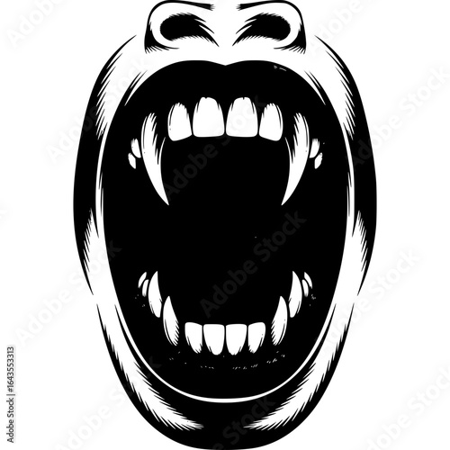 The Beast's Roar: A stylized black and white illustration showcasing a ferocious, open-mouthed visage with prominent fangs, a symbol of untamed power and raw, visceral emotion.