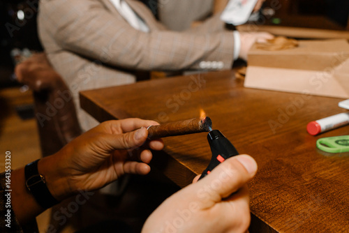 Lighting a Cigar Close-up of a Man Using a Torch Lighter