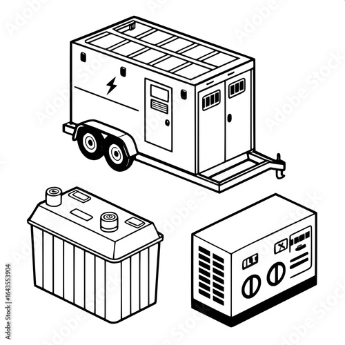 "Three coordinated minimal line icons — diesel generator trailer, solar trailer, battery container — precise stroke weight, geometric shapes, clean industrial look"