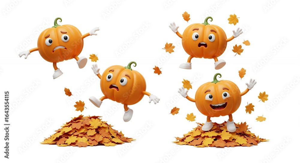 Fototapeta premium Cartoon pumpkins in autumn leaves