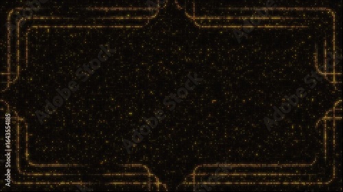 Golden lights backdrop set, art deco frame borders, abstract lines, seamless loop video animation, flashing light bulb, wall of lights motion graphics.