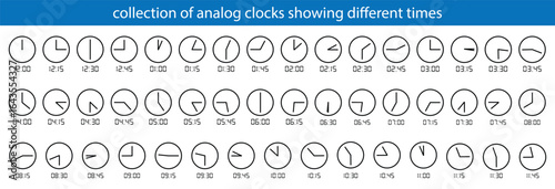 collection of analog clocks showing different times clock, time, hour, minute, second,analog,watch, isolated on white background