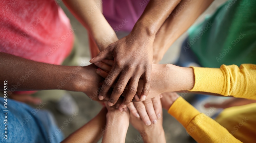A diverse group of people placing their hands together in a symbol of unity, teamwork, and collaboration, showcasing inclusivity and collective effort in a bright, energetic setting A diverse group of people placing their hands together in a symbol of unity, teamwork, and collaboration, showcasing inclusivity and collective effort in a bright, energetic setting