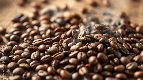 Freshly roasted coffee beans on burlap, steaming with warmth and rich texture.