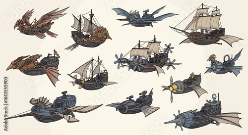 Collection of whimsical steampunk airships featuring sails propellers and fantastical creature elements in flight