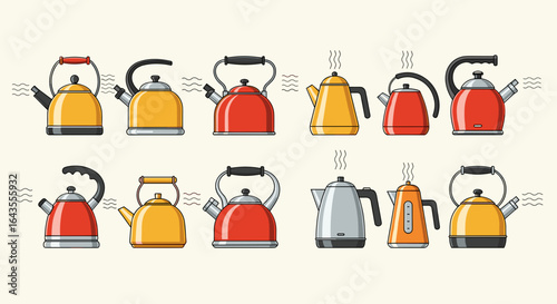 Illustration of ten colorful tea kettles with steam coming out of the spouts on a light background