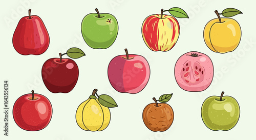 A colorful assortment of cartoon apples and other fruits displayed on a light background surface view