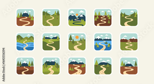 Collection of fifteen landscape icons featuring winding paths mountains and trees in a stylized design