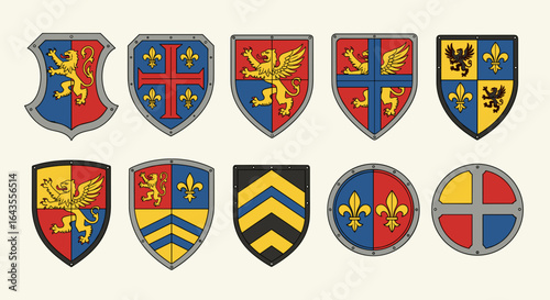 Collection of ten heraldic shields with various designs and color combinations arranged in two rows
