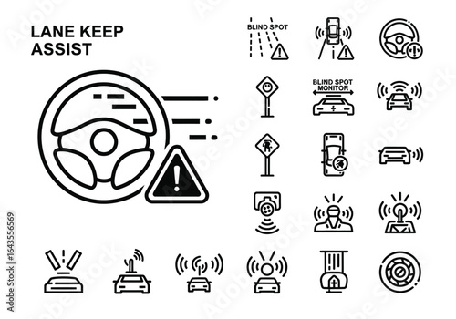 Vector icons for car lane keep assist and blind spot monitoring safety systems.