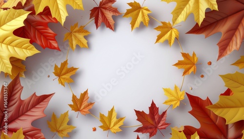 A vibrant circular arrangement of colorful maple leaves, perfect for seasonal greetings and autumn themes.