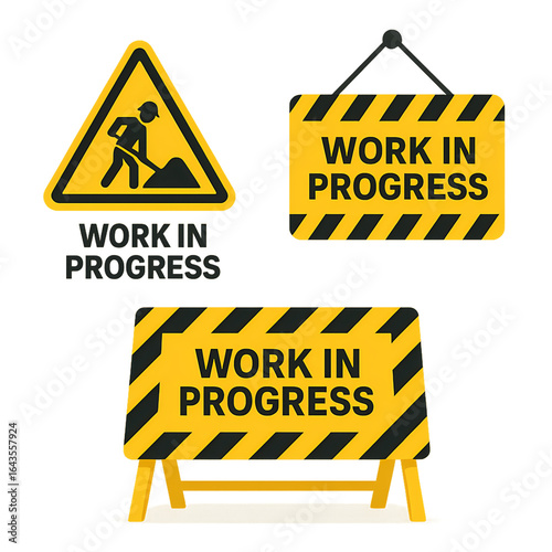 Three distinct yellow and black caution signs displaying 'Work In Progress' message including a triangle warning with construction worker icon, a hanging board, and a standing barricade, emphasizing  