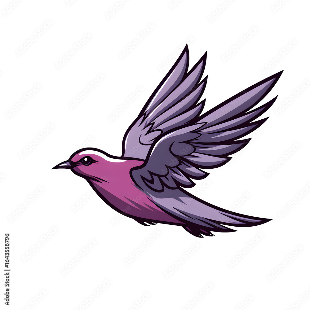 Fototapeta premium Pink and Purple Bird Flies on Black. Cartoon illustration for animation, prints, or logos.