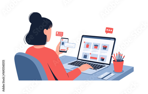 Flat Illustration of Woman Shopping Online Using Laptop and Smartphone