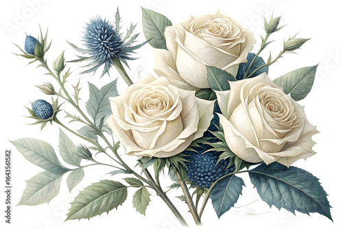 Watercolor bouquet of white roses and blue thistles isolated on transparent background. Flower PNG.