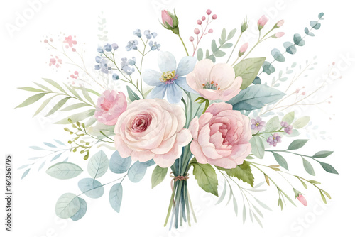 Watercolor bouquet of roses isolated on transparent background for wedding design. Flower PNG.