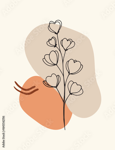 Bohemian style line art illustration of a floral branch with heart-shaped blossoms and abstract shapes in neutral earth tones.