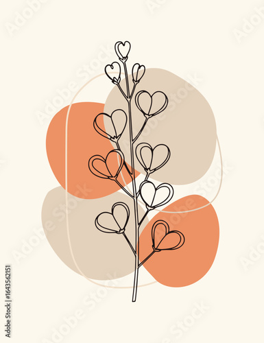 Abstract botanical illustration of a flowering branch with heart-shaped leaves on a textured background of muted earthy tones