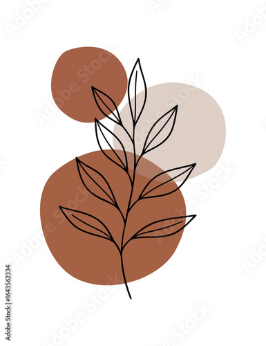 Minimalist botanical line art of a plant branch with abstract terracotta and beige shapes. Modern boho wall art concept.