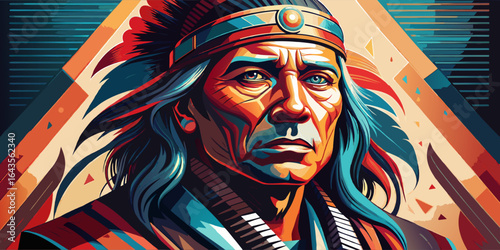 A detailed portrait of a Native American chief adorned in a traditional headdress, showcasing cultural heritage and wisdom.